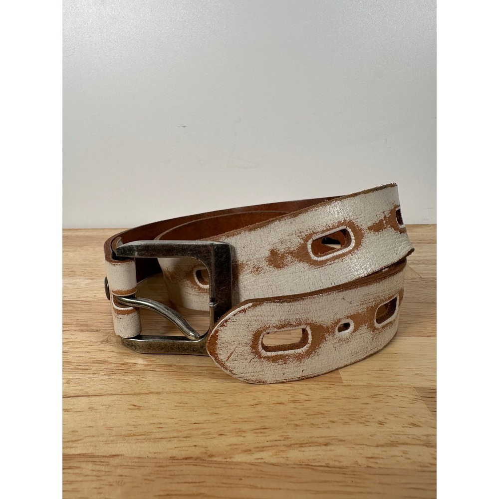 White Leather Distressed Brown Belt Silver Buckle Boho Western 37in